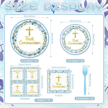 96 Pieces First Communion Floral Tableware Set – Blue Floral Cross Disposable - Image 2