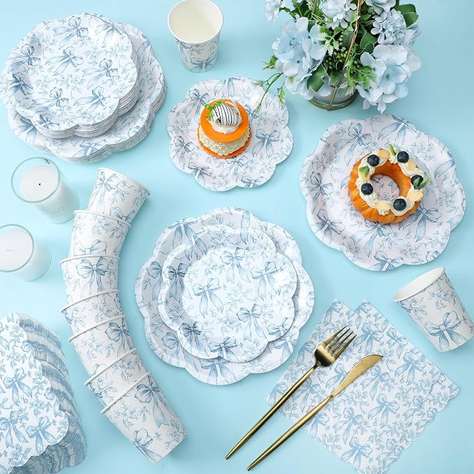 250 Pcs Blue Floral Disposable Paper Plates and Napkins | Bow Coquette - Image 2