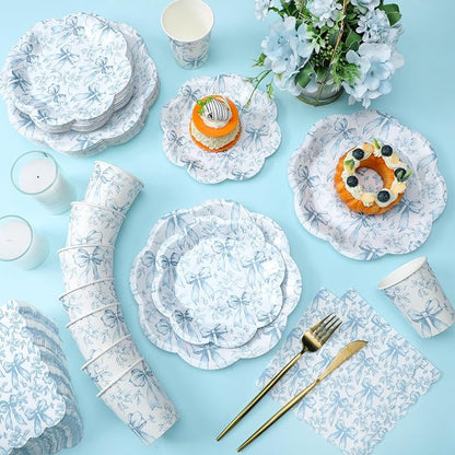 250 Pcs Blue Floral Disposable Paper Plates and Napkins | Bow Coquette - Image 2