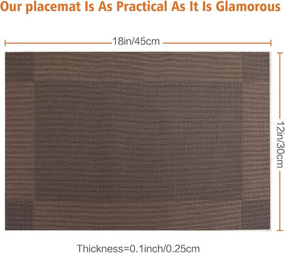 Placemats Set of 12,Washable,Heat and Stain Resistant Indoor/Outdoor Place mats,Vinyl Woven Non Slip Table Mats for Restaurant Table Protection,PVC Placemats(Brown,12PCS)