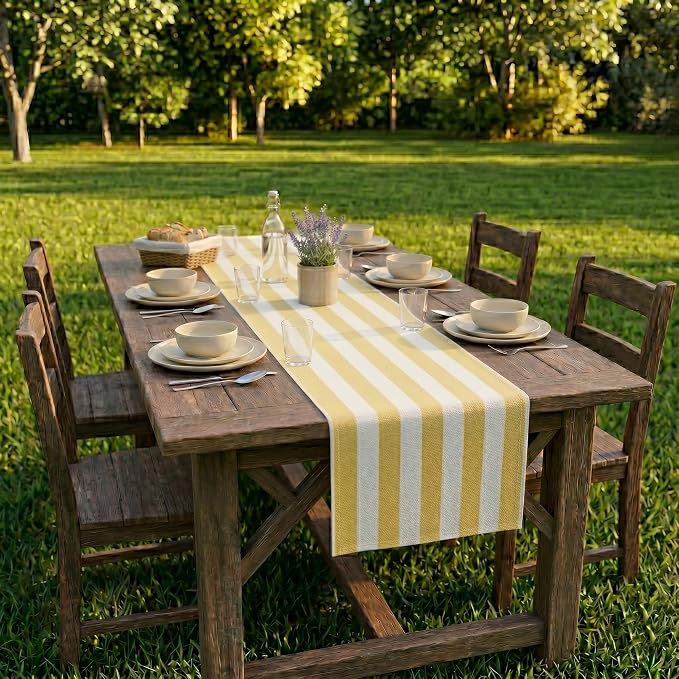 Folkulture Fall Table Runner 108 Inches Long | Yellow & White Striped | Table - Image 7