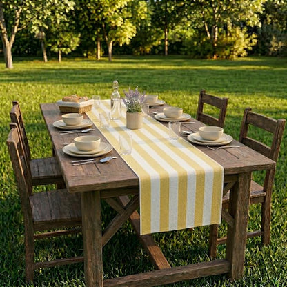 Folkulture Fall Table Runner 108 Inches Long | Yellow & White Striped | Table - Image 7