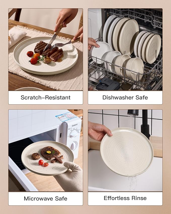 Stoneware Dinnerware Set for 8, Reactive Glaze Plates & Bowls, Shell Beige | - Image 5