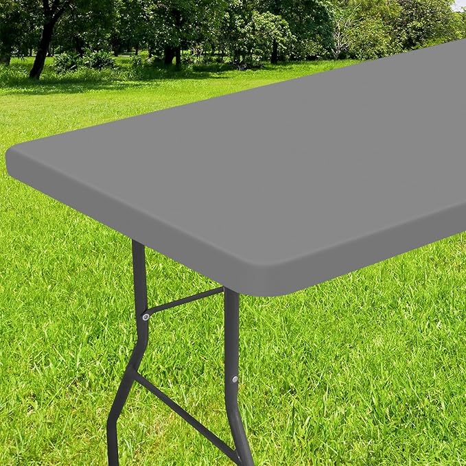 Smiry Rectangle Tablecloth, Elastic Fitted Flannel Backed Vinyl Tablecloths for 8ft Folding Tables, Waterproof Wipeable Table Covers for Indoor, Outdoor, Picnic and Camping (Grey, 30"x96")