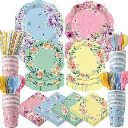 450 Pcs Floral Tea Party Tableware Set Decorations, Serves 50 | Scalloped by Unknown