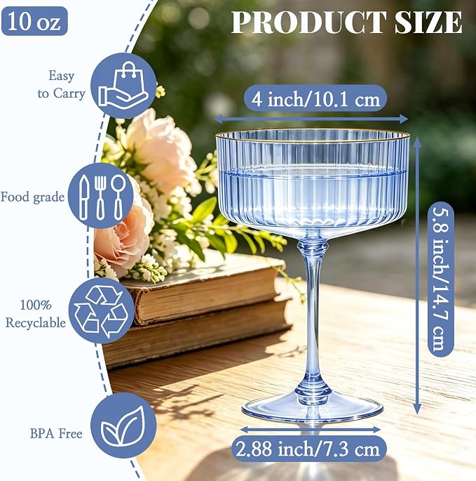 12PCS Plastic Martini Glasses, Unbreakable Reusable Champagne Coupe, Removable - Image 2
