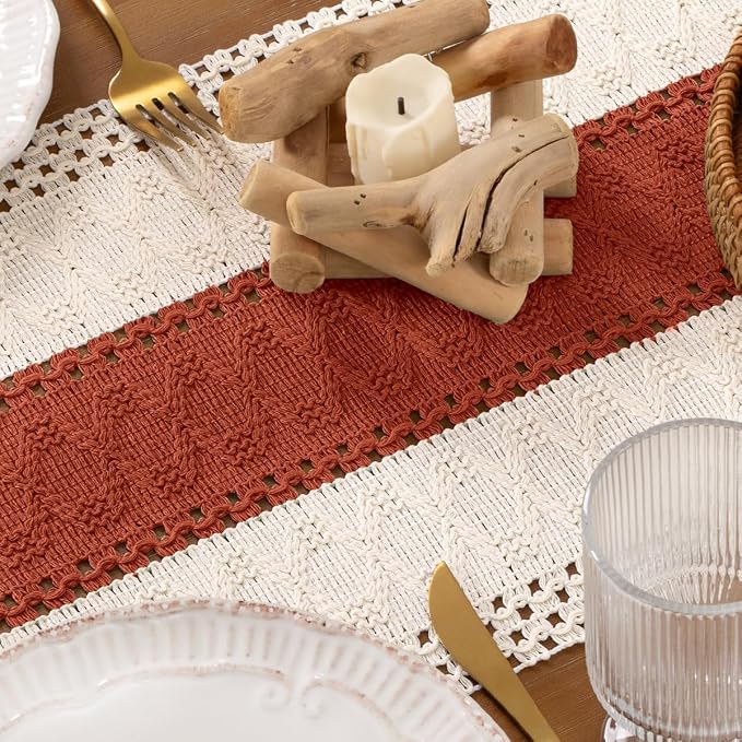 DeZerlor Boho Macrame Table Runner Terracotta Spring Easter Farmhouse Woven - Image 6