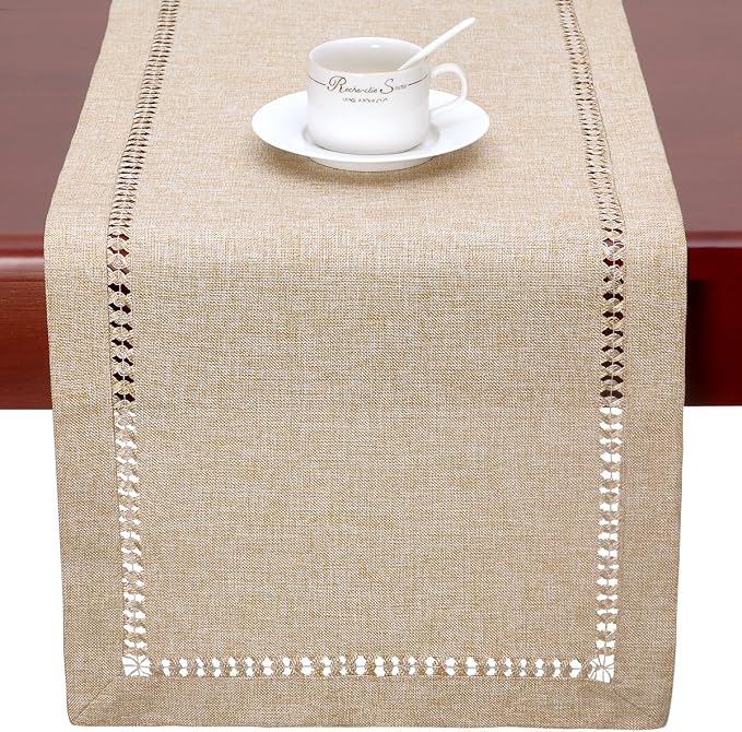 Grelucgo Handmade Hemstitch Beige Table Runner Or Dresser Scarf, Rectangular 14 - Image 3