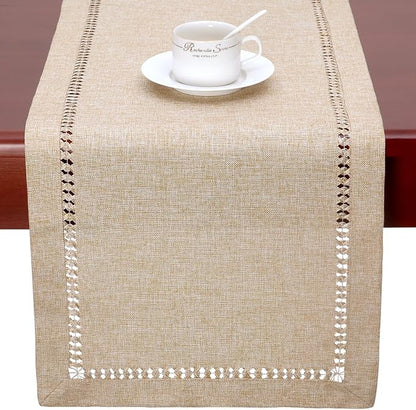 Grelucgo Handmade Hemstitch Beige Table Runner Or Dresser Scarf, Rectangular 14 - Image 3
