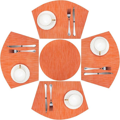 SHACOS Round Table Placemats Set of 5 Woven Vinyl Wedge Placemats with Centerpiece Round Table Mats Heat Resistant Wipe Clean (5, Orange)
