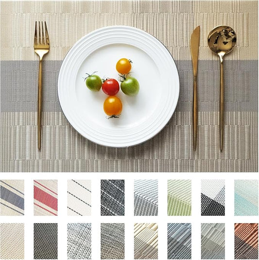 Placemats Set of 4 Vinyl/Plastic Woven Place Mats for Kitchen Table Indoor/Outdoor Washable Placemat Wipeable Dining Table Mats (Ombre Glod,4)
