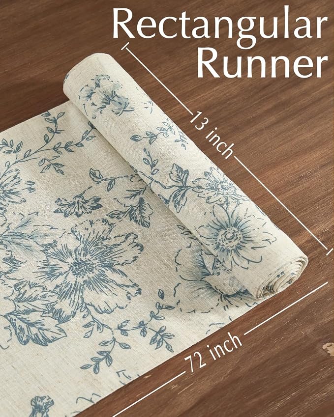 jinchan Blue Floral Linen Table Runner 13 x 72 Inch Rustic | Blooming floral - Image 5