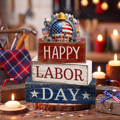 Moucuny 4 Pcs Labor Day Table Decoration Patriotic Worker Wooden Stacked Block - Image 7
