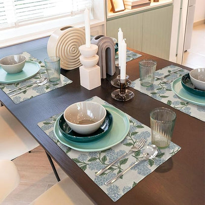 Blue Green Spring Placemats Set of 6 Hydrangea Flower Decor Place Mats 12x18 Inch Vintage Floral Summer Seasonal Decorative Linen Table Mats for Home Kitchen Dining Party Table Decoration
