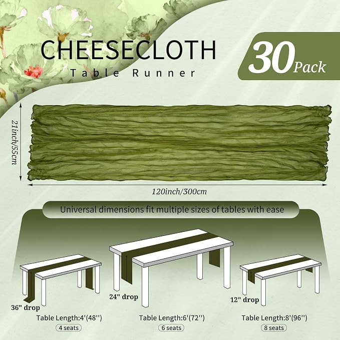 30 Pack Cheesecloth Table Runner 10FT Olive Green Table Runner Boho Gauze - Image 2