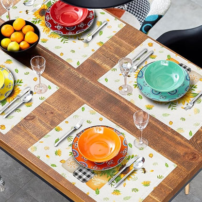Giwawa Sunflower Vases Placemats Set of 4 Summer Bee Yellow Floral Mason Jar Place Mat 12x18 Inch Stain Heat Resistant Linen Table Mats for Kitchen Dining Seasonal Party Decor