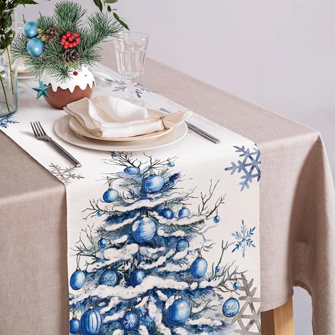 Winter Trees Ball Table Runner Frosty Roses Burlap Table Runners, Christmas - Image 3