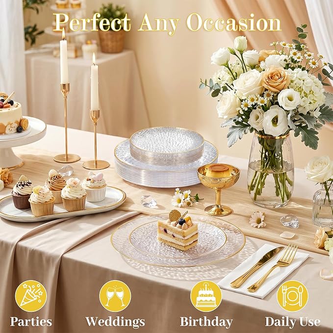 Rubtlamp 60Pcs Clear Plastic Plates, Heavy-duty Gold Plates, Hammered Party - Image 4