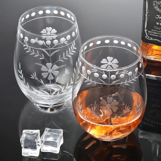 Joeyan Hand Blown Etched Stemless Wine Glasses, Carved Red and White Wine - Image 2