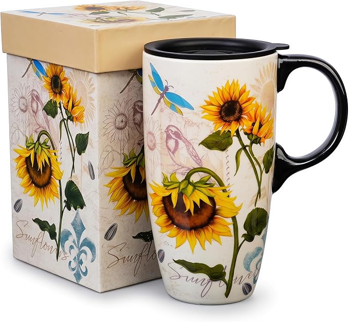 Topadorn 17oz Botanical Sunflower Ceramic Travel Mug by Topadorn