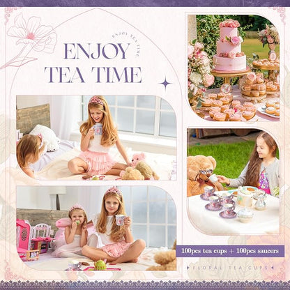 Nuogo 200 Pcs Floral Paper Tea Cups and Saucers 7 oz Disposable Paper Teacups - Image 5