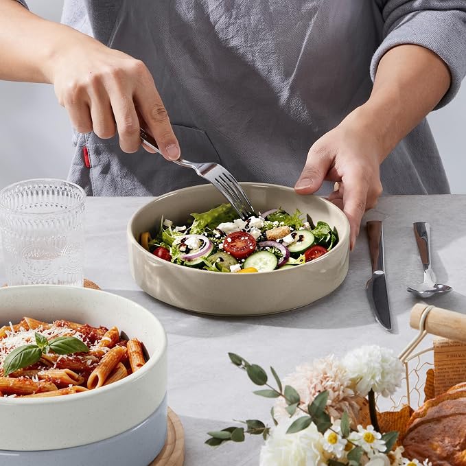 E-far Pasta Bowls Set of 6, 35 oz Large Stoneware Bowl Plates | Shallow & Wide - Image 3