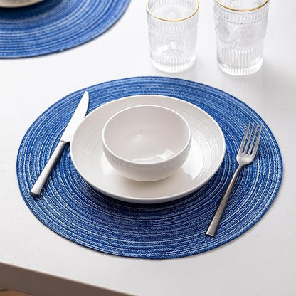 Round Placemats Set of 6 Woven Placemats Washable Braided Table Mats for Dining Table Heat Resistant Non-Slip Circle Place Mats(Royal Blue)