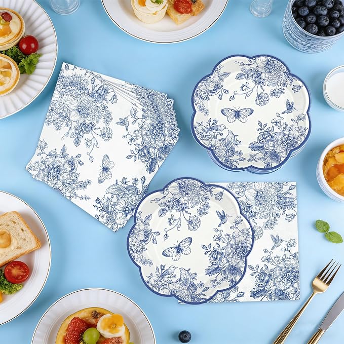 NatNarr 50 Pcs Blue Floral Plates and Napkins, Bridal Baby Showe - Image 3