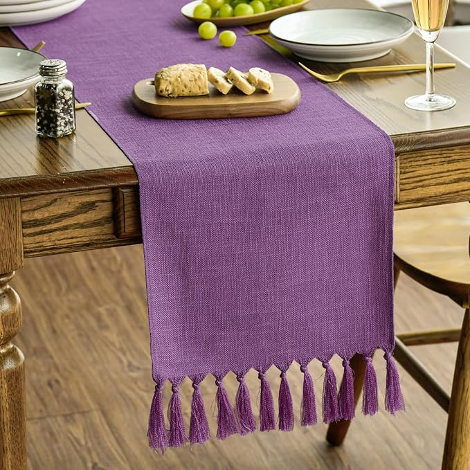 Artoid Mode Lilac Purple Tassel Table Runner, Mardi Gras Linen Blend Rustic by ArtoidMode