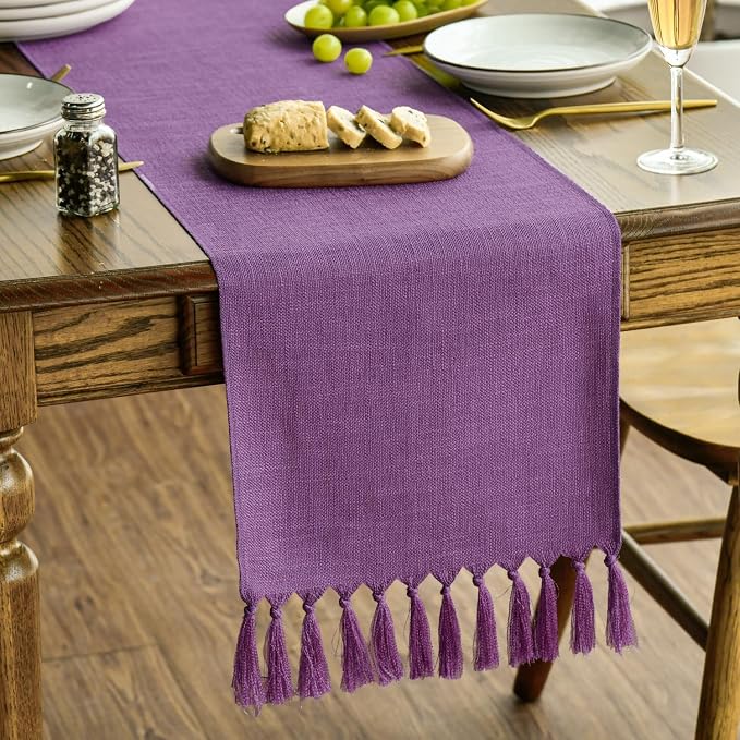 Artoid Mode Lilac Purple Tassel Table Runner, Mardi Gras Linen Blend Rustic by ArtoidMode