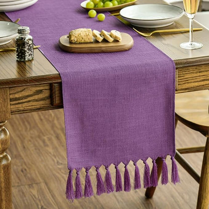 Artoid Mode Lilac Purple Tassel Table Runner, Mardi Gras Linen Blend Rustic by ArtoidMode