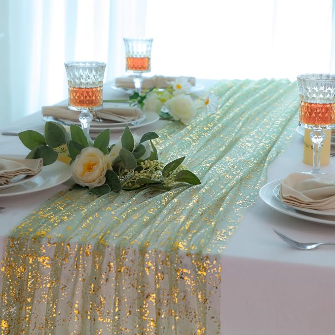 Snowkingdom Sage Gold Table Runner Gauze Sheer Tulle 10FT 120 Inch - Image 4