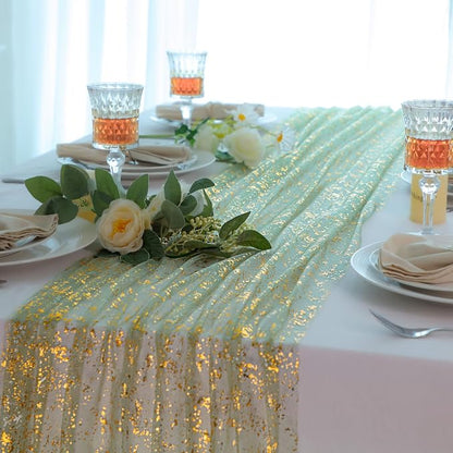 Snowkingdom Sage Gold Table Runner Gauze Sheer Tulle 10FT 120 Inch - Image 4