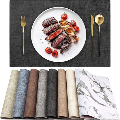 Leather Heat Resistant Placemats Set of 6 Waterproof Wipeable Washable PU Table Mats,Easy to Clean Anti-Slip Place Mats (Dark Grey, 6)