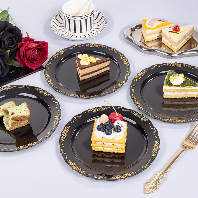DaYammi 60PCS Black and Gold Plastic Plates, Heavy Duty Black and Gold - Image 5