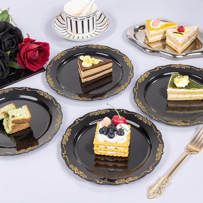 DaYammi 60PCS Black and Gold Plastic Plates, Heavy Duty Black and Gold - Image 5