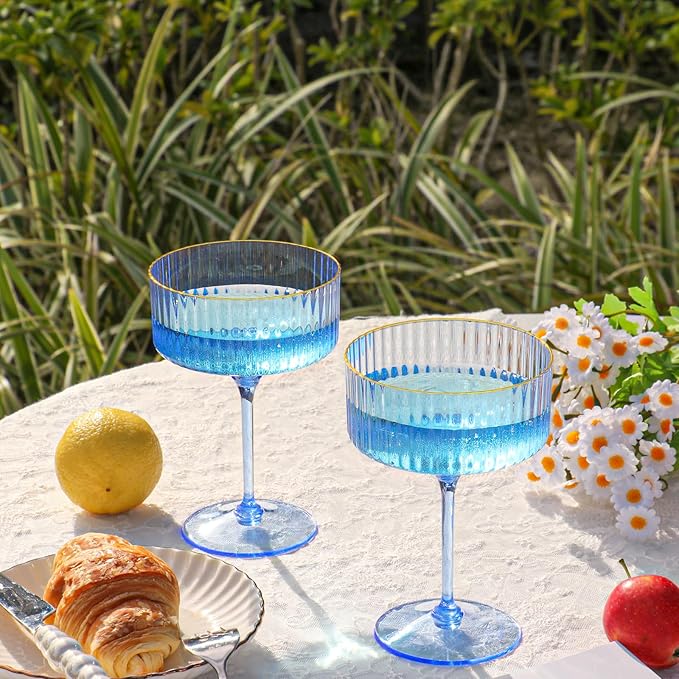 24 PCS Plastic Champagne Coupe Cup Ocean Blue Ribbed Coupe Glasses 10oz Detachable Gold Rim Espresso Martini Glass Vintage Margarita Glassware Cocktail Glass Set for Baby Shower Hanukkah