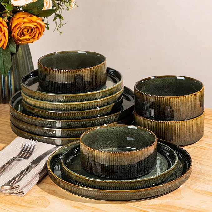 Ceramic Dinnerware Set for 4, 12-Piece Plates and Bowls Set | Lightweight by TheTerra