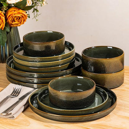 Ceramic Dinnerware Set for 4, 12-Piece Plates and Bowls Set | Lightweight by TheTerra