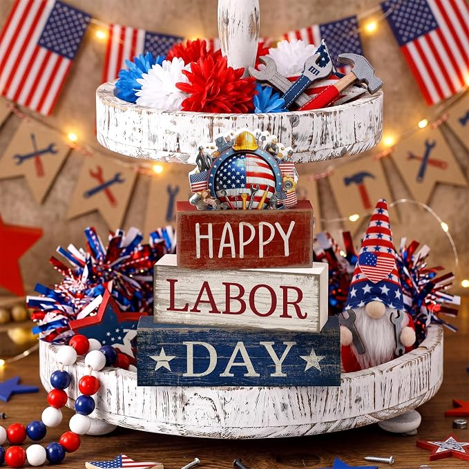 Moucuny 4 Pcs Labor Day Table Decoration Patriotic Worker Wooden Stacked Block - Image 6