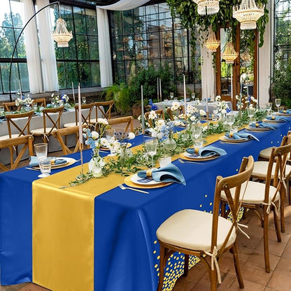 Breling 8 Pack Navy Blue and Gold Disposable Plastic Tablecloths and Satin Table Runner Set, 54 x 108 Inch Tablecloth, 12 x 108 Inch Table Runners for Wedding Graduation Birthday Baby Shower New Year