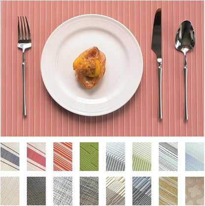 Placemats Set of 8 Vinyl/Plastic Woven Place Mats for Kitchen Table Indoor/Outdoor Washable Placemat Wipeable Dining Table Mats (Red Stripes,8)