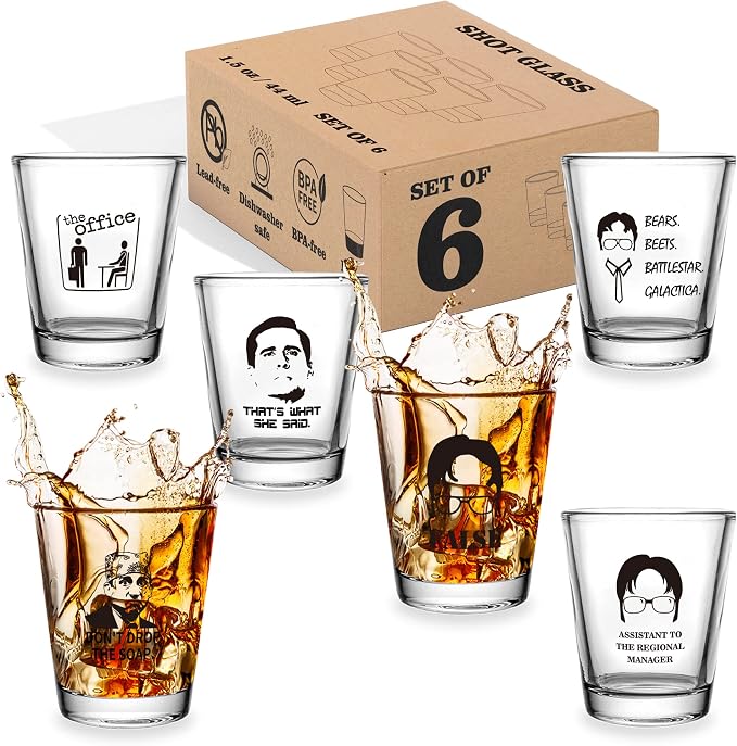 6 PCS The Office Merchandise Shot Glasses Set, 1.5 oz The Office Merch Clear by Time+Roaming