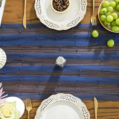 Artoid Mode Pearl Light Bule Gauze Table Runner 120 Inch, Seasonal Sheer Dining Holiday Wedding Birthday Baby Shower Table Decor for Home Party