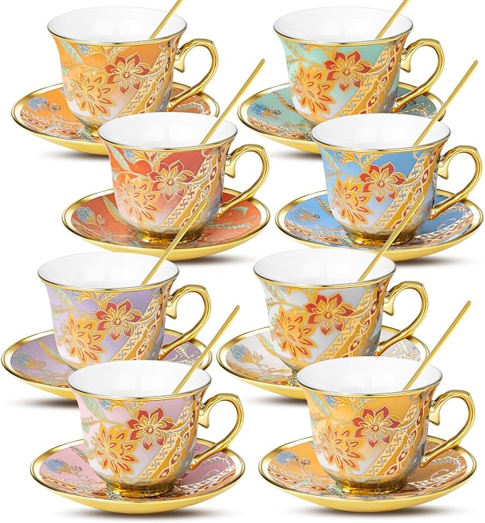 Tea Cups and Saucers Set of 8, 8 OZ Floral Tea Cup by Qetoosur