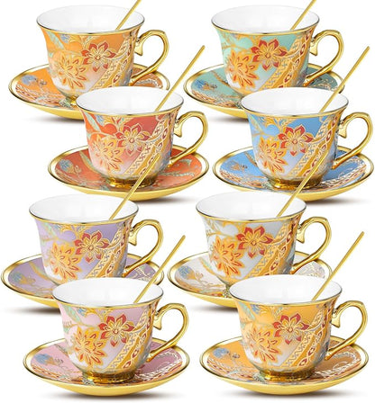 Tea Cups and Saucers Set of 8, 8 OZ Floral Tea Cup by Qetoosur