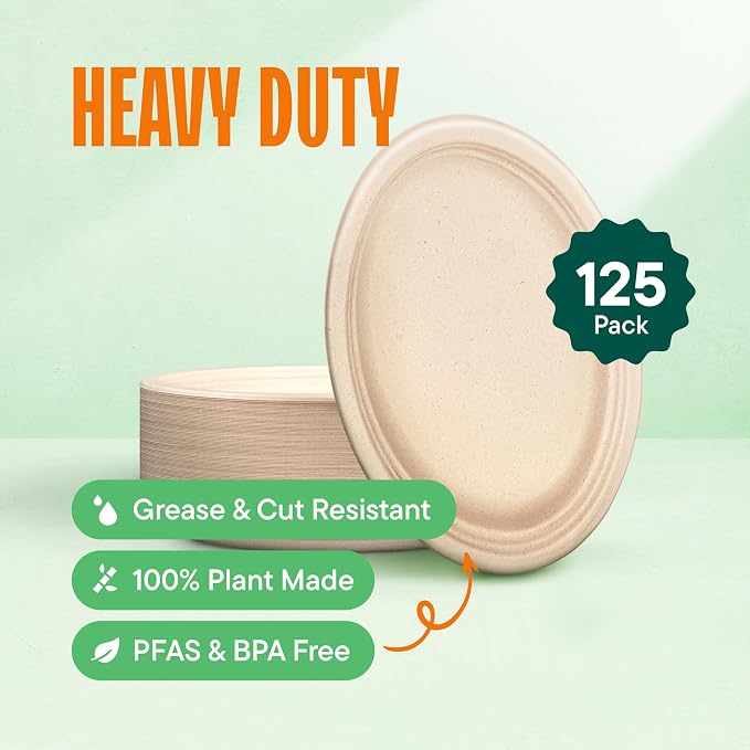 100% Compostable Oval Paper Plates Elegant Disposable Dinner Platter Heavy-Duty - Image 2