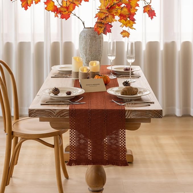 Fall Thanksgiving Boho Macrame Table Runner 12x60 Inch | Woven Burlap Rustic - Image 2