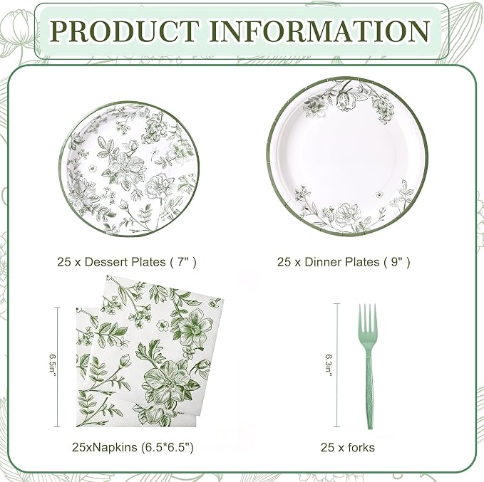 100 Pcs Disposable Sage Green Flower Tableware Set - Image 7