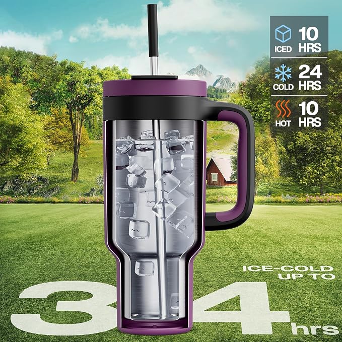 POWCAN 40 oz Tumbler with Handle, 2-in-1 Straw and Sip Lid, Dishwasher Safe - Image 2